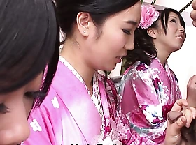 Four geishas engulfing out be fitting of reach be fitting of duo lonely cock